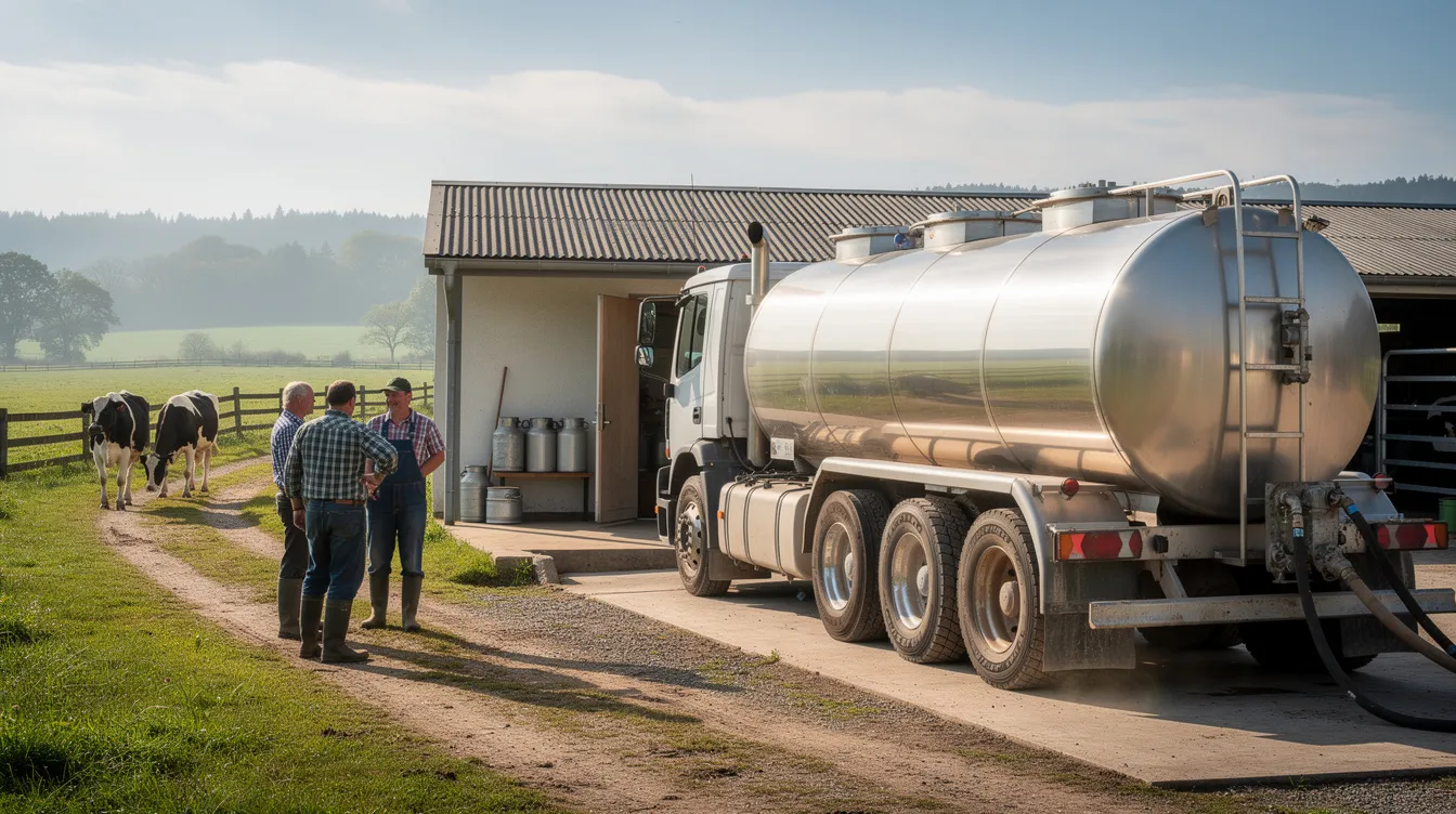 882ce4dd ce1b 445e 8b46 e21e36d3abd6 A milk tanker truck is parked at a rural dairy collection center, with several farmers in the background engaged in discussions. This scene highlights the dairy farming sector, emphasizing the importance of milk production and the collaboration among dairy farmers for effective dairy processing and financial management.