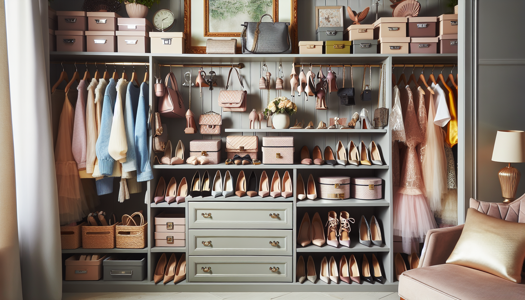 Closet accessories including shoes, purses, and stylish storage solutions