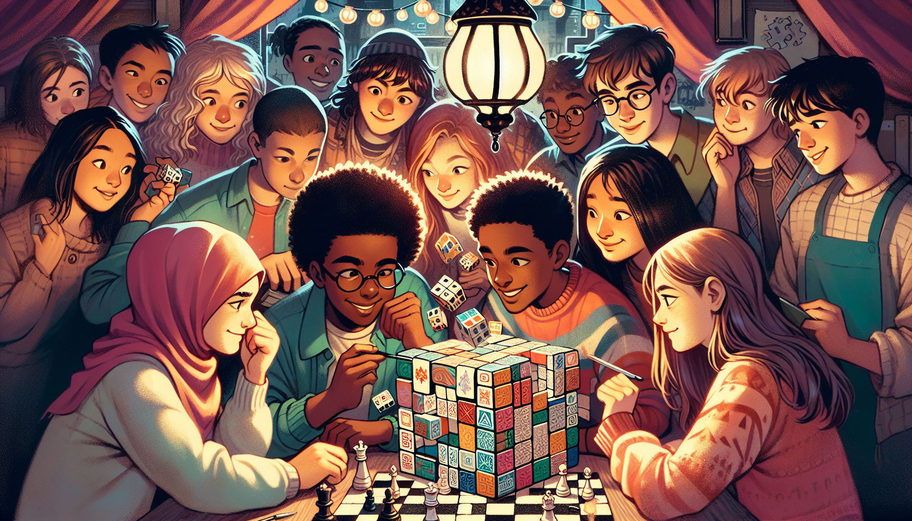 Whimsical illustration of a group of teens engrossed in a brain-teasing game