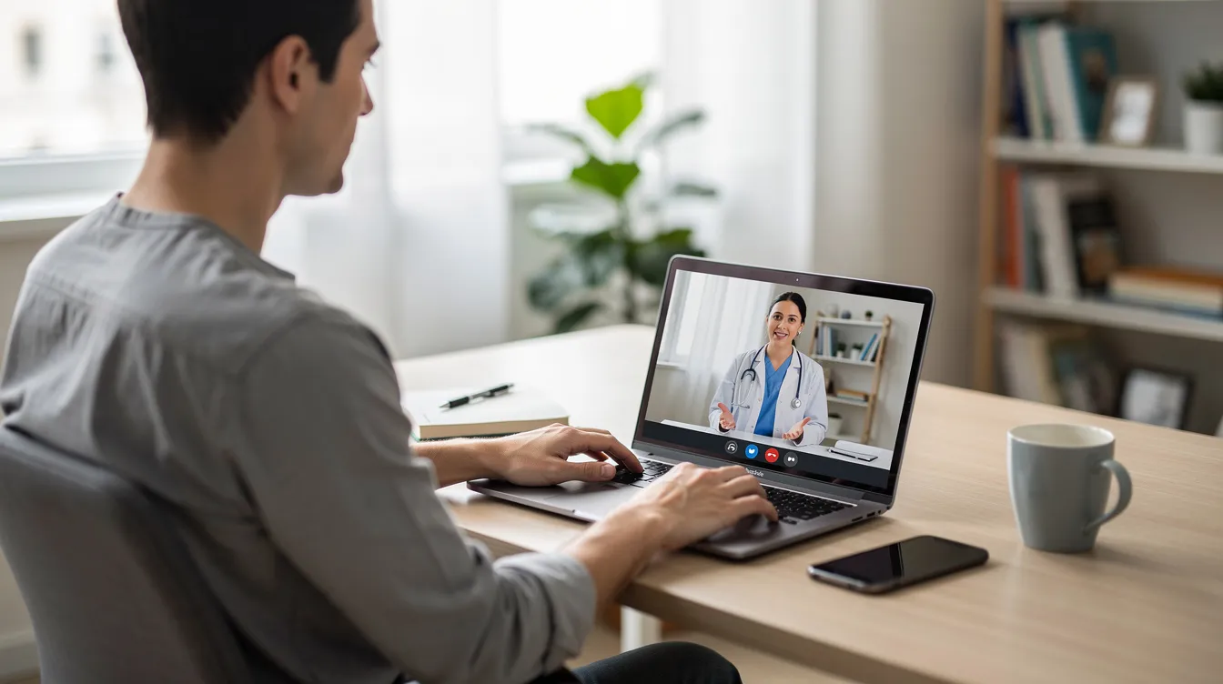 An adult preparing for a telemedicine consultation at a laptop