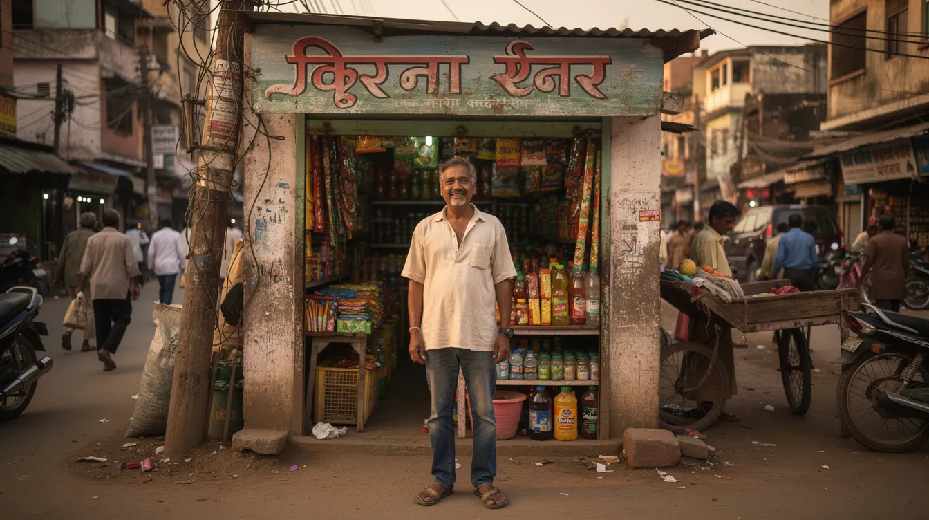 A small business owner stands proudly outside their modest shop in a bustling Indian market area, showcasing their commitment to business operations and community engagement. The scene reflects the entrepreneurial spirit essential for small and micro businesses, highlighting the importance of financial assistance options like the Mudra loan for eligible borrowers.