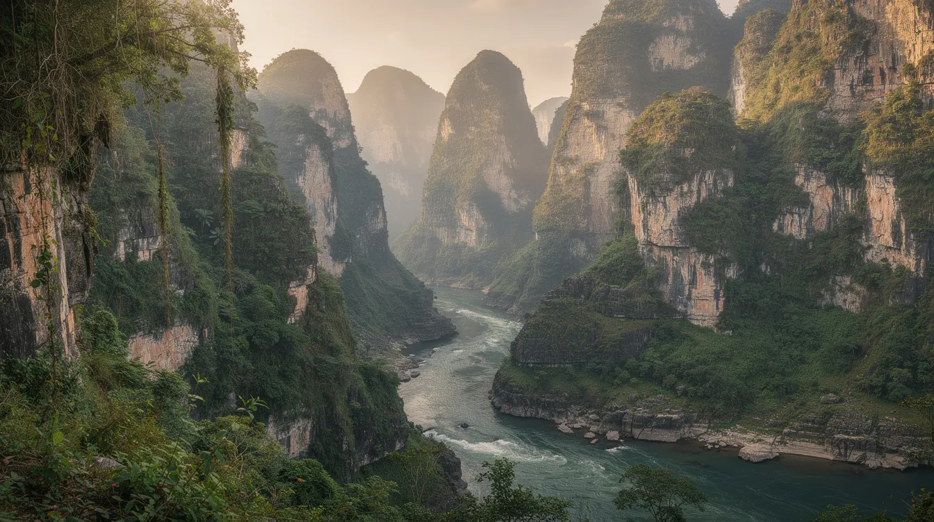 Um panorama de montanhas calcárias se estende ao fundo, com um desfiladeiro profundo e um rio serpenteando entre rochedos cobertos de vegetação. Esta paisagem natural evoca a beleza da Polônia, onde a história e a natureza se entrelaçam.