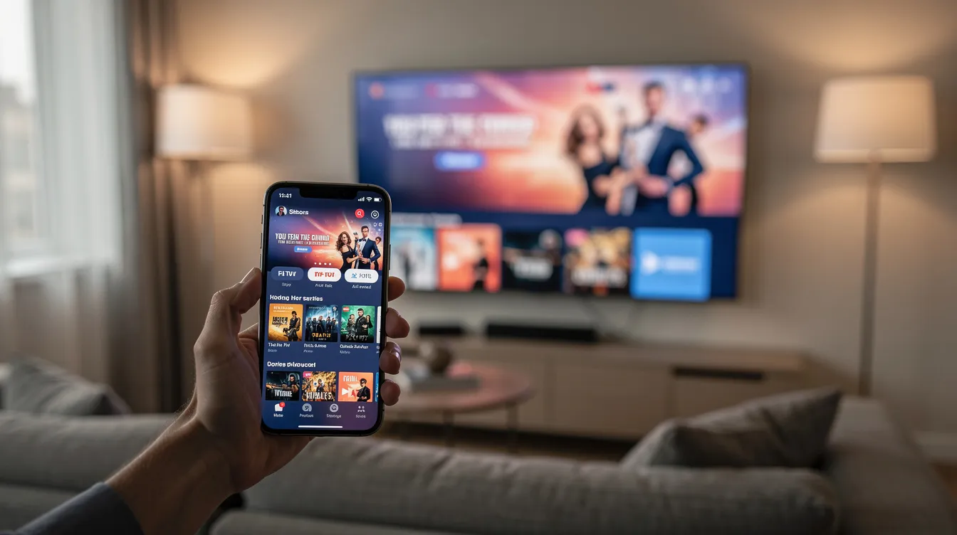 A person is holding a smartphone displaying a TV streaming app, while a smart TV in the background plays the same content, illustrating the convenience of IPTV services for watching live channels and international content. This setup highlights the integration of modern technology in Canadian households for enhanced viewing experiences.