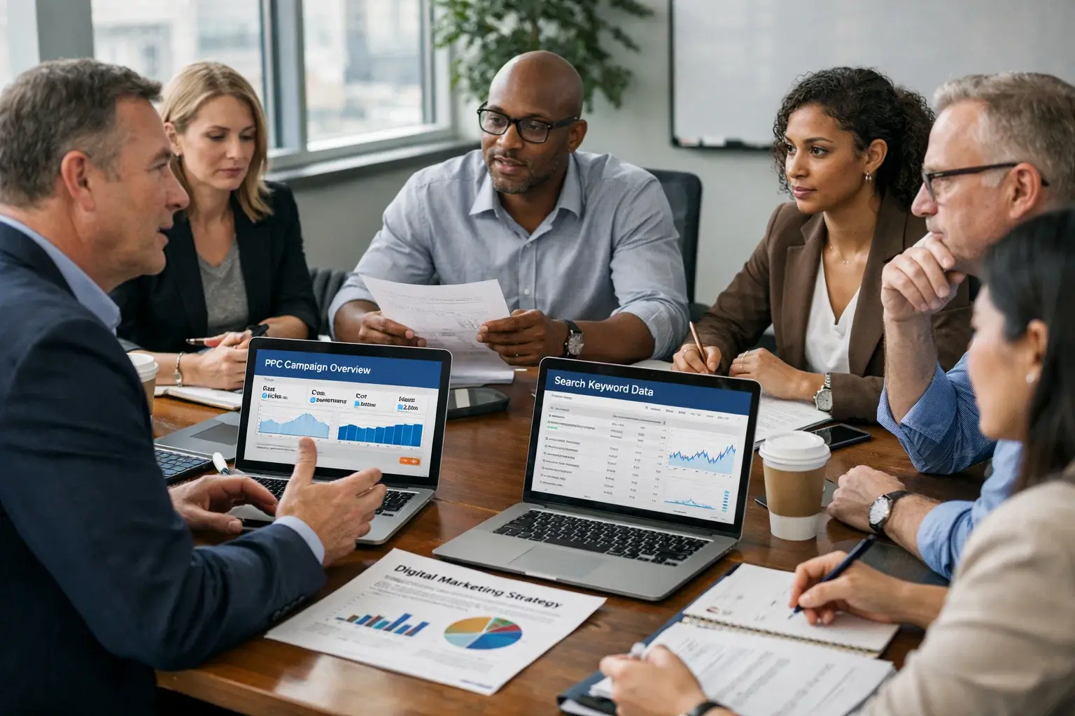 Business professionals discussing B2B PPC strategy and campaign data.