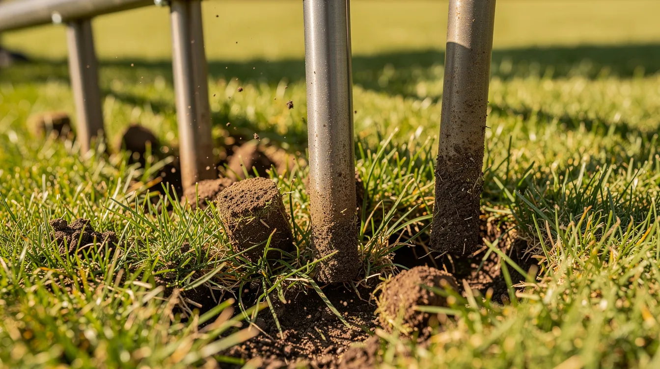 A close-up view of a hollow-tine aerator extracting cylindrical soil plugs from a lush green lawn under bright sunlight. This process is essential for maintaining a healthy lawn, as it improves drainage and allows nutrients to reach the roots, contributing to the perfect lawn.