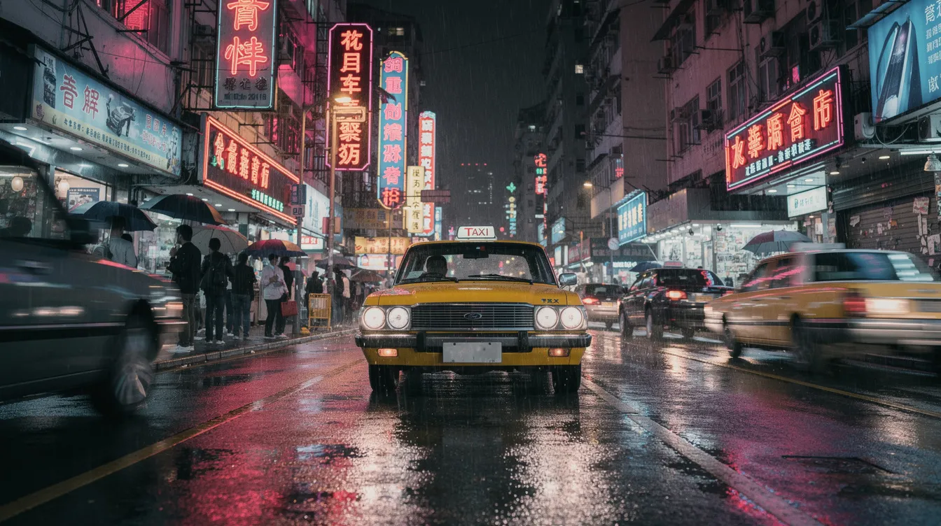 A vibrant scene of a taxi navigating through a bustling Hong Kong street at night, surrounded by illuminated skyscrapers and busy pedestrians. The atmosphere is lively, showcasing the dynamic energy of the city, which is a hub for self-employed individuals and freelancers seeking financial opportunities.