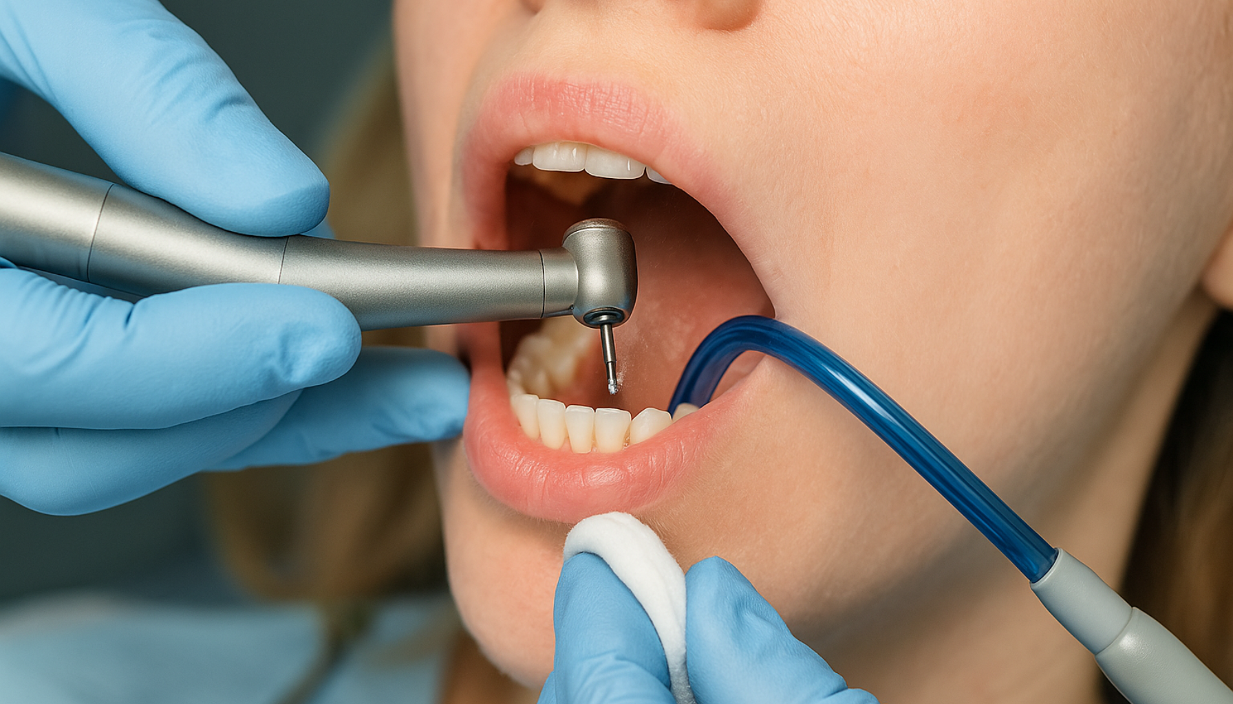 Hvor mye koster det å bore hull? Se pris og alternativer 17 Nærbilde av en tannlege som bruker bor og speil for å behandle hull i en tann i underkjeven på en pasient.