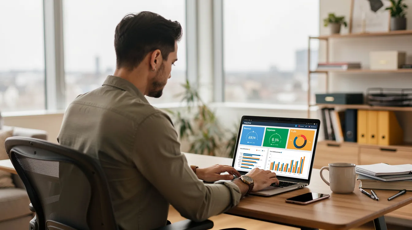 A business owner is sitting at a modern home office desk, intently reviewing a financial dashboard on their laptop, which displays various metrics and charts related to their company accounts. This scene highlights the use of online accounting software, essential for small business owners seeking hassle-free accounting and financial control.