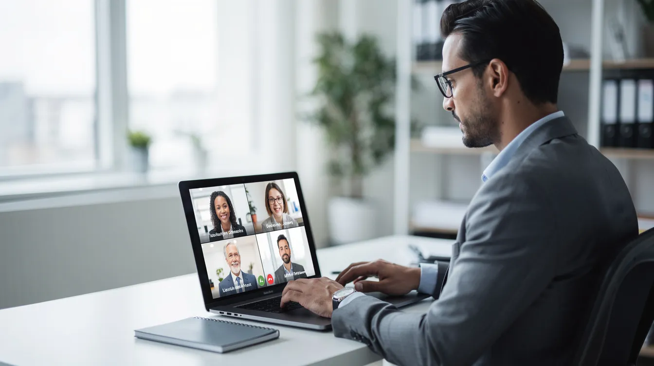 A professional is seated at a desk, engaged in a video conference call on a laptop, discussing legal procedures related to online power of attorney services. The setting reflects a modern workspace, highlighting the importance of digital communication for legal representation and document preparation in Dubai.
