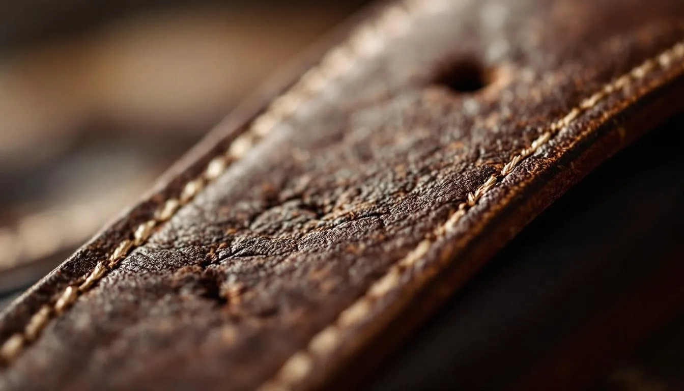 An extreme close-up of a hand-stitched leather strap reveals the meticulous thread placement and elegantly beveled edges, showcasing the craftsmanship that enhances the style of luxury watches. The rich texture and precise details highlight the durability and refined quality that watch lovers appreciate in their timepieces.