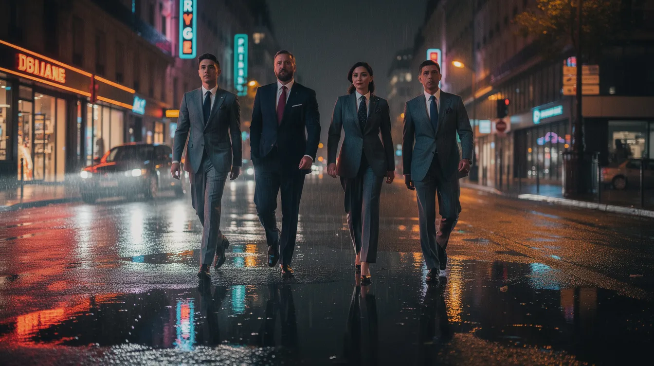 Vier Personen in eleganten Anzügen gehen durch eine regennasse Stadtstraße bei Nacht, während die reflektierenden Lichter der Umgebung eine geheimnisvolle Atmosphäre schaffen, die an die Traumwelt aus einem Christopher Nolan Film erinnert. Die Szene vermittelt ein Gefühl von Spannung und Eleganz, das die Zuschauer in ihren Bann zieht.