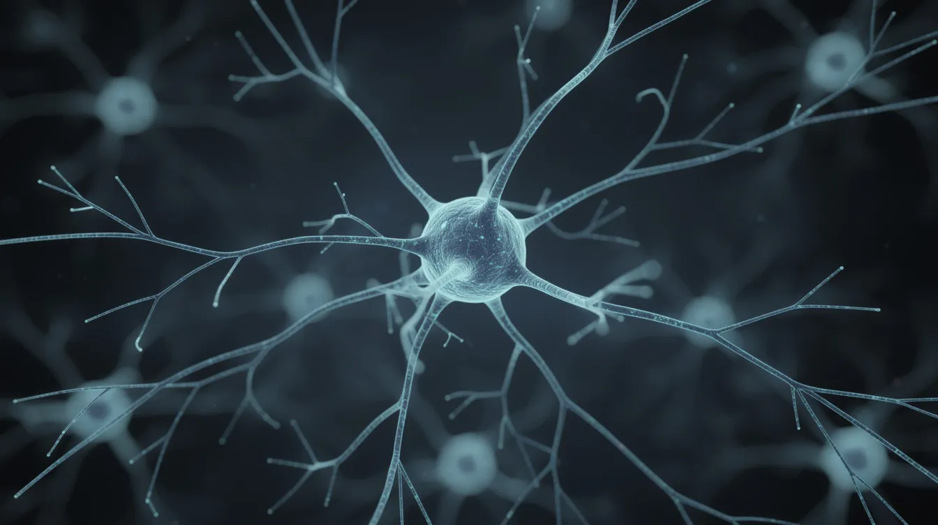 This close-up microscopic image showcases branching nerve cells with extending neurites, set against a dark background, highlighting the intricate structure of brain cells that may be influenced by nerve growth factor. The visual representation underscores the potential health benefits of lion's mane mushroom, known for its ability to stimulate nerve growth and improve cognitive function.
