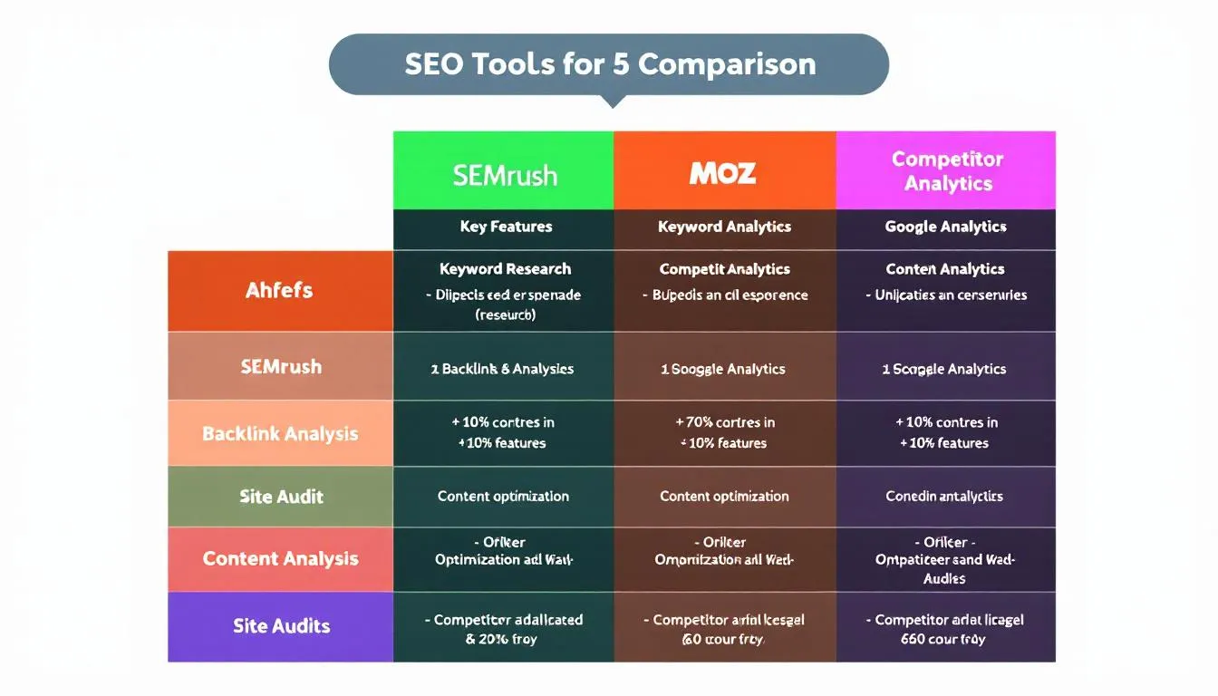 The image features a comparison chart that outlines various SEO tools and their specific features, highlighting key aspects such as keyword research, website analytics, and traffic sources. This chart serves as a valuable resource for optimizing search engine optimization strategies to drive organic traffic and improve website visibility.