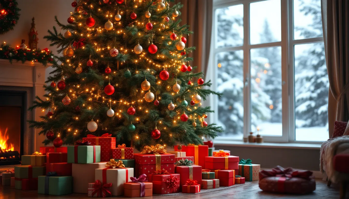 Under en julgran ligger flera inslagna julklappar i olika storlekar och färger, vilket skapar en festlig atmosfär. Dessa presenter representerar de perfekta gåvorna som kommer att ge uppskattning och glädje under julhelgen.