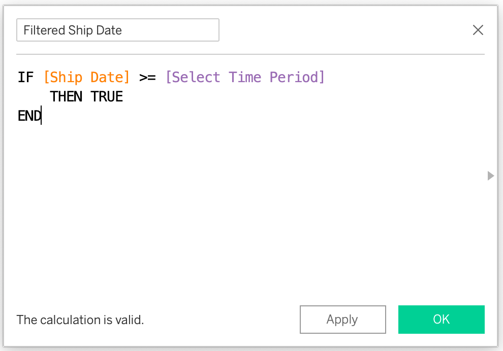 A calculated field including the "Select Time Period" parameter