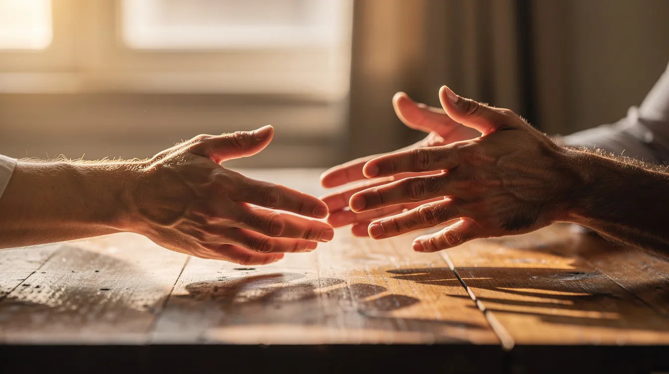 Two men's hands are reaching toward each other across a table, bathed in warm natural light, symbolizing connection and emotional intimacy often explored in gay and lesbian relationships. This image reflects the supportive space that is essential in relationship counseling for same-sex couples, highlighting the importance of understanding and addressing relationship dynamics.