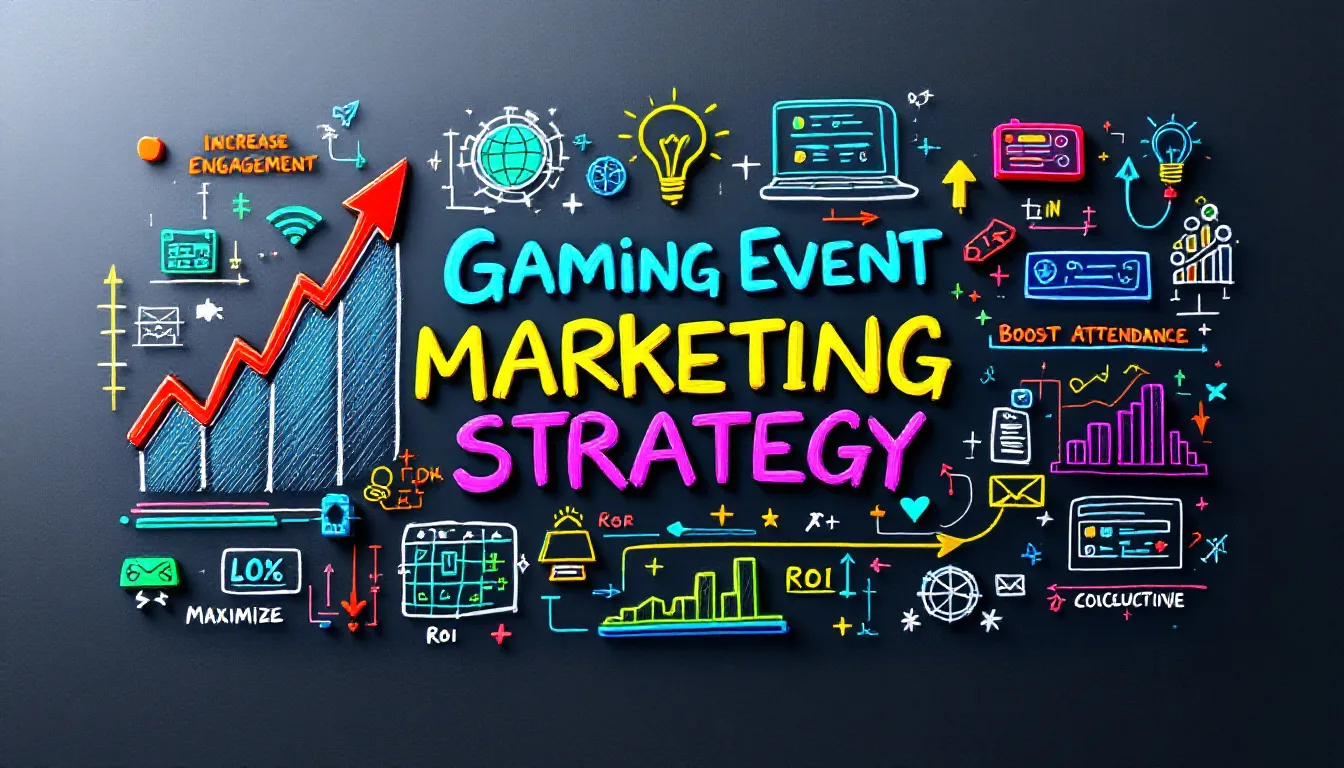 Marketing-Strategie für ein Gaming-Event wird auf einem Whiteboard skizziert.