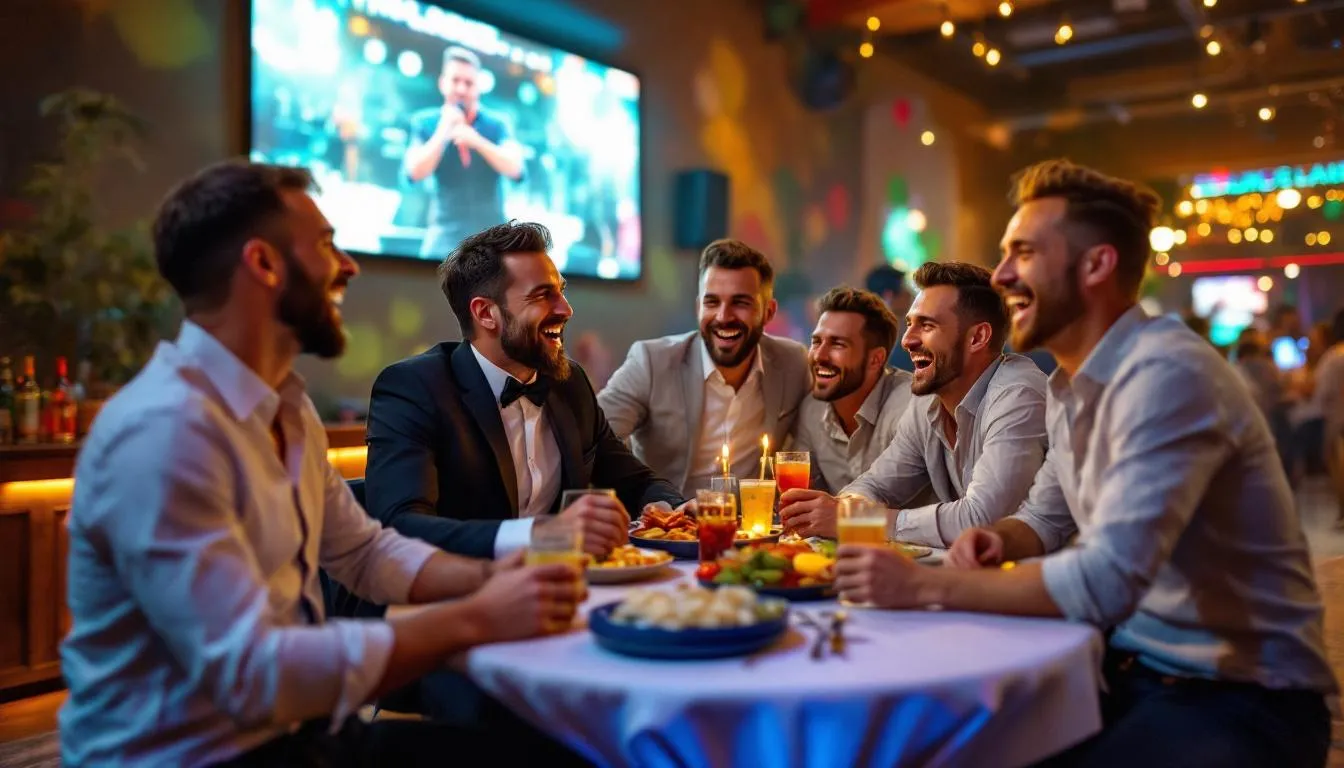 A lively group of men is celebrating at a stag party venue, surrounded by drinks and entertainment, creating a unique and memorable experience for the night. The atmosphere is filled with excitement as they enjoy their time together, showcasing the camaraderie of the event.