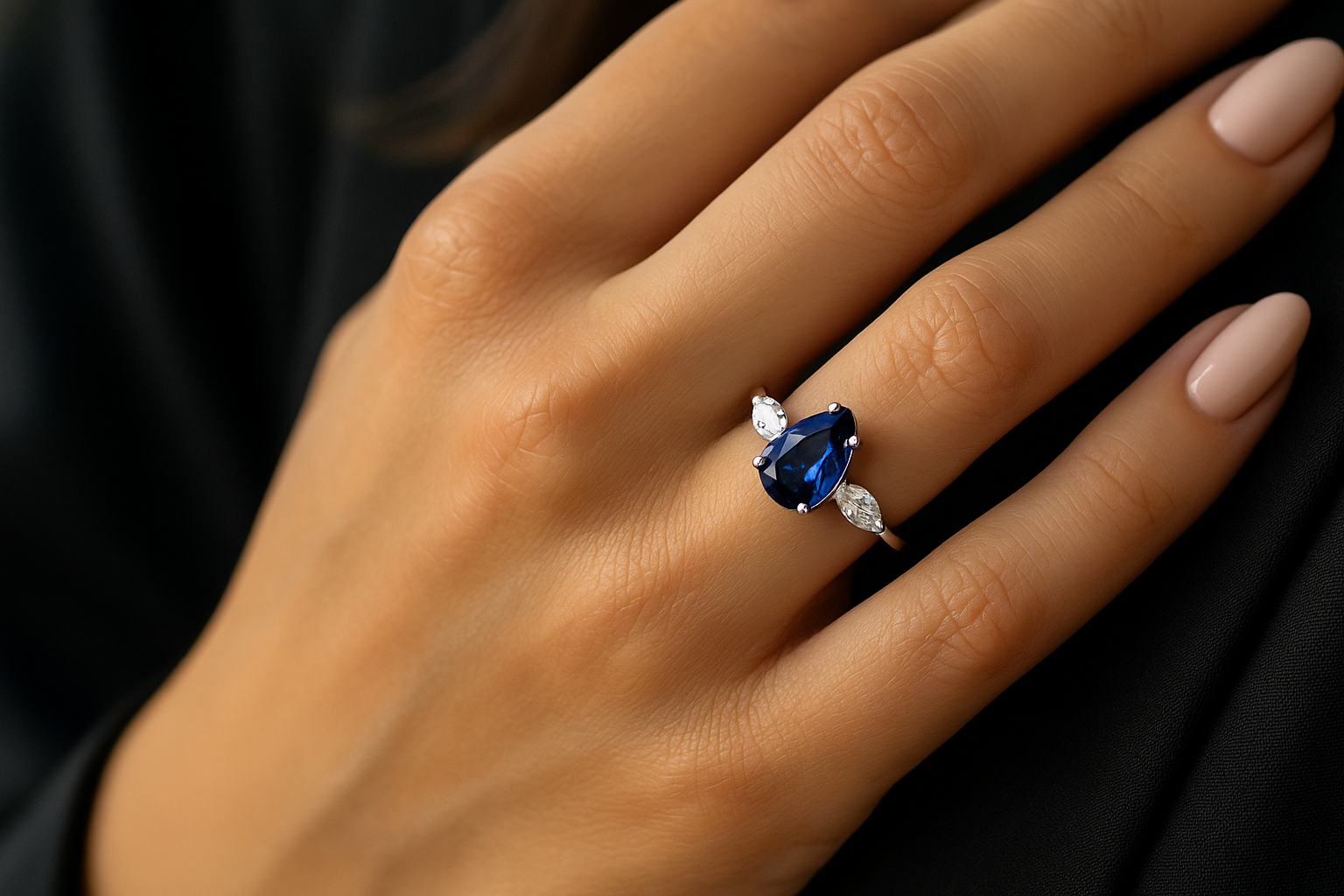 Ant rankos dėvimas modernaus dizaino žiedas su safyru lašo formos