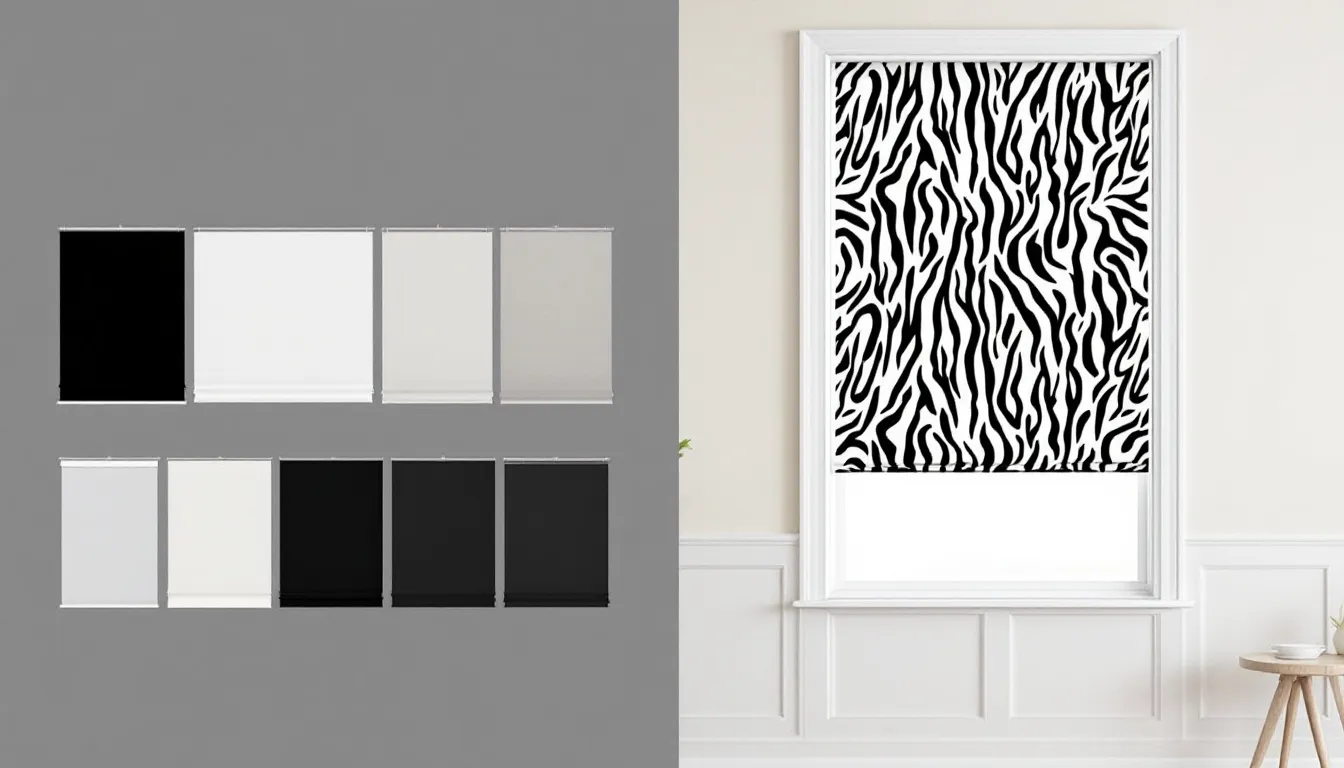 Stylish zebra shades in a contemporary dining room.