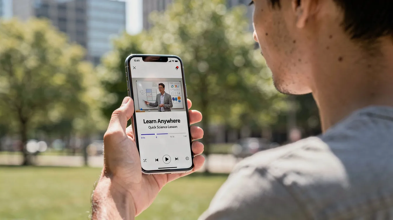 A person is outdoors, holding a smartphone and watching an educational video, likely from YouTube, on the screen. The scene captures the essence of learning on-the-go, emphasizing the accessibility of video content and the potential for using tools like a YouTube transcript generator to enhance understanding.