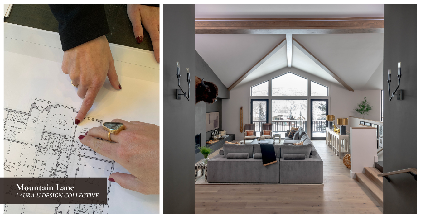 A woman pointing at a blueprint on the left and on the right a gray living room