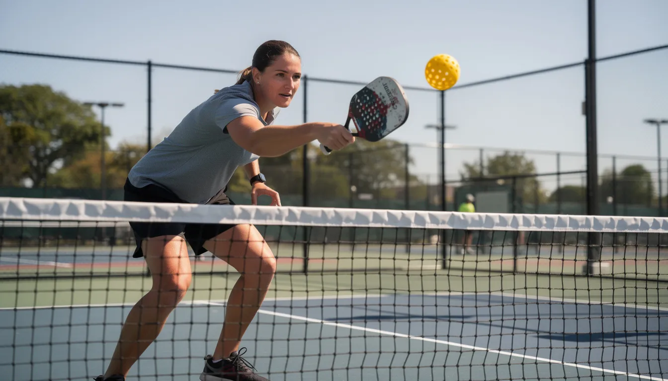 The image shows a player executing a precise dink shot near the net on a pickleball court, demonstrating skill in the non-volley zone as they aim to outmaneuver their opponent. The player is poised to hit the ball, showcasing the strategic play often seen in pickleball doubles matches.