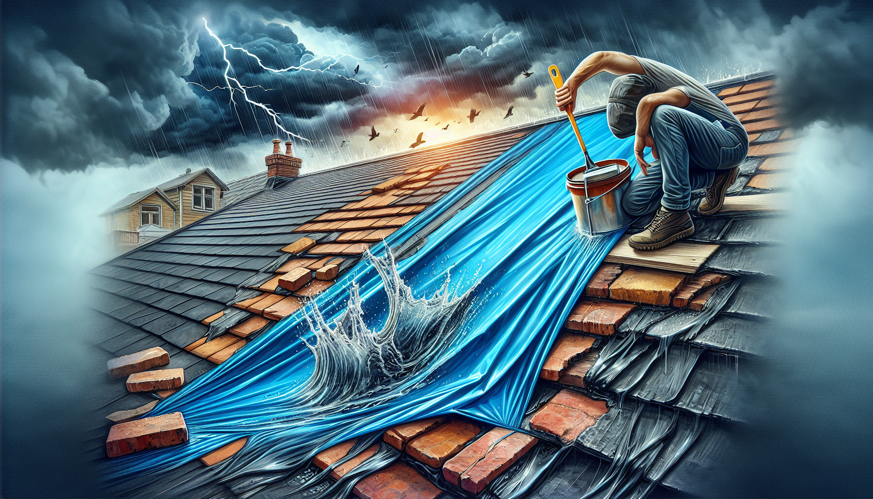 Artistic depiction of temporary roof fix with a tarp and sealant