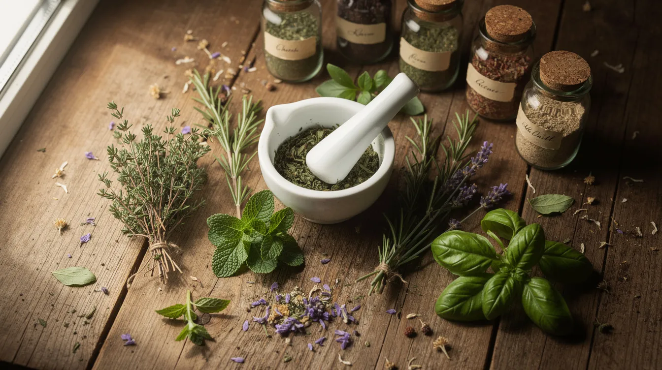 The image features a rustic wooden surface adorned with a variety of natural herbs and botanical plants, complemented by a traditional mortar and pestle, symbolizing the essence of dietary supplements that support energy and overall male wellness. This arrangement reflects a commitment to healthy lifestyle habits and the potential benefits of natural ingredients in daily nutritional support.