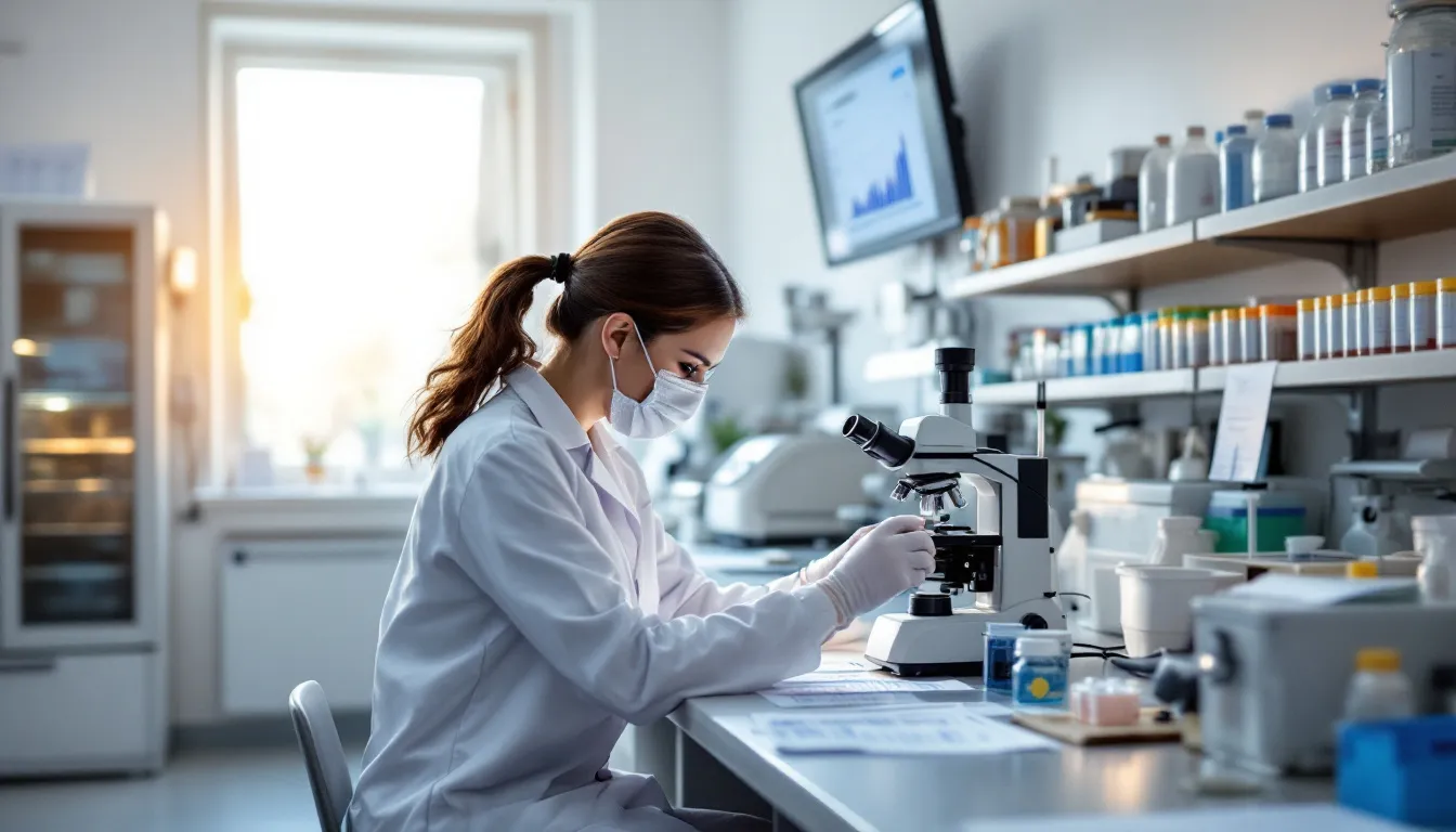 The image depicts various types of laboratories, including hospital labs and physician office labs, showcasing lab equipment and the different environments where laboratory testing occurs. These spaces are essential for clinical laboratory operations, adhering to regulatory standards and enhancing business objectives in the life sciences sector.
