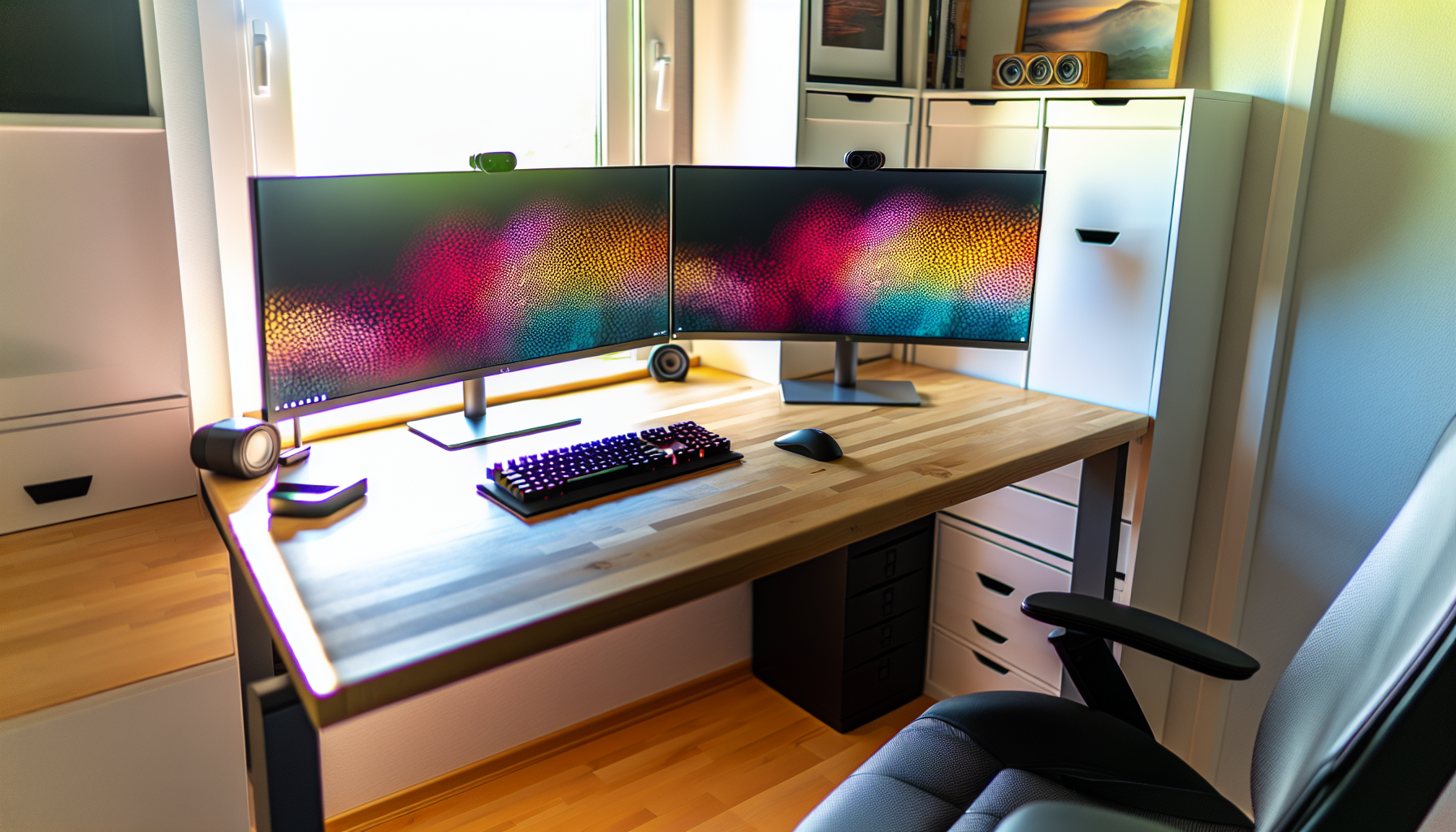 Home office desk with dual monitor setup, wireless mouse, and ergonomic keyboard