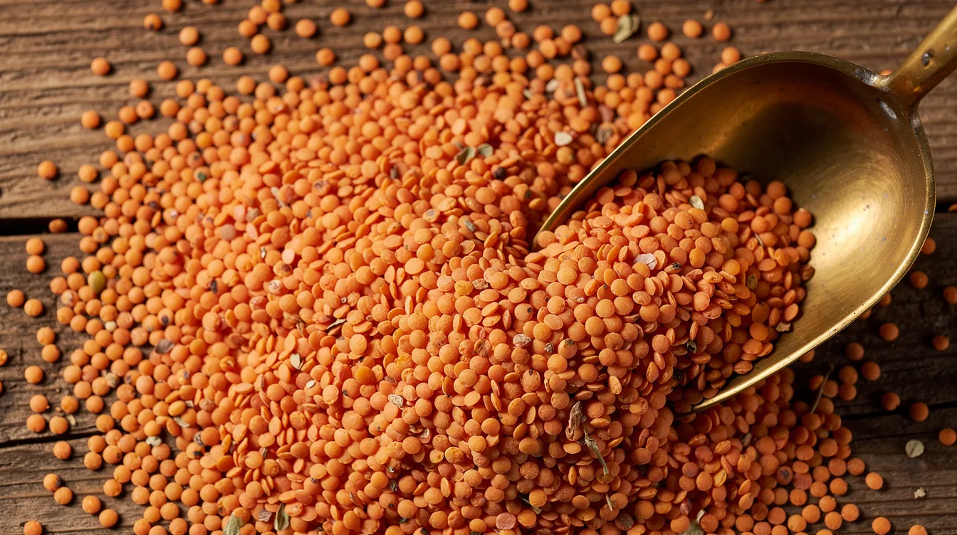 8847f33b d4c4 469e 9bc6 54ec911611e0 A close-up view of red lentils scattered on a wooden surface, accompanied by a brass scoop, highlights the quality and consistency essential in the food processing industry, particularly in dal milling. This image reflects the raw material used in efficient dal processing, emphasizing the importance of high-quality pulses in larger operations.