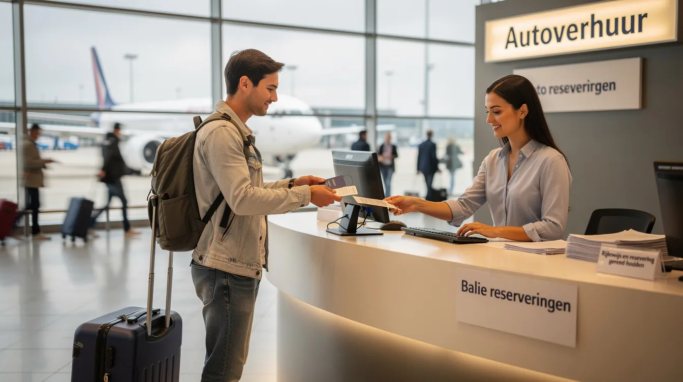 Un viaggiatore consegna i documenti al banco di un'agenzia di noleggio.