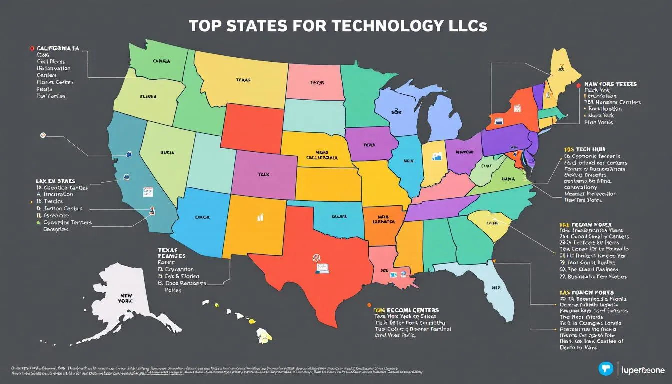 Mapa de Estados Unidos que resalta los mejores estados para constituir una LLC tecnológica, mostrando las ventajas fiscales y la protección de activos que ofrecen. Los estados destacados incluyen Nevada, Delaware y Wyoming, ideales para emprendedores y freelancers que buscan optimizar sus impuestos y maximizar sus oportunidades de negocio.