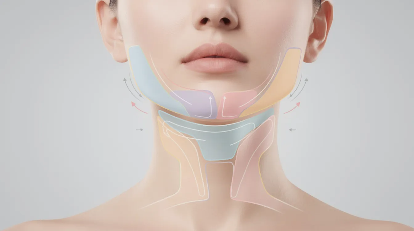 The image is a diagram-style illustration of a person's lower face, highlighting marked treatment zones for the jawline, jowl, and submental areas. It visually represents the effects of skin tightening and fat reduction techniques, emphasizing the goal of enhancing jawline definition and addressing issues like sagging skin and double chin reduction.