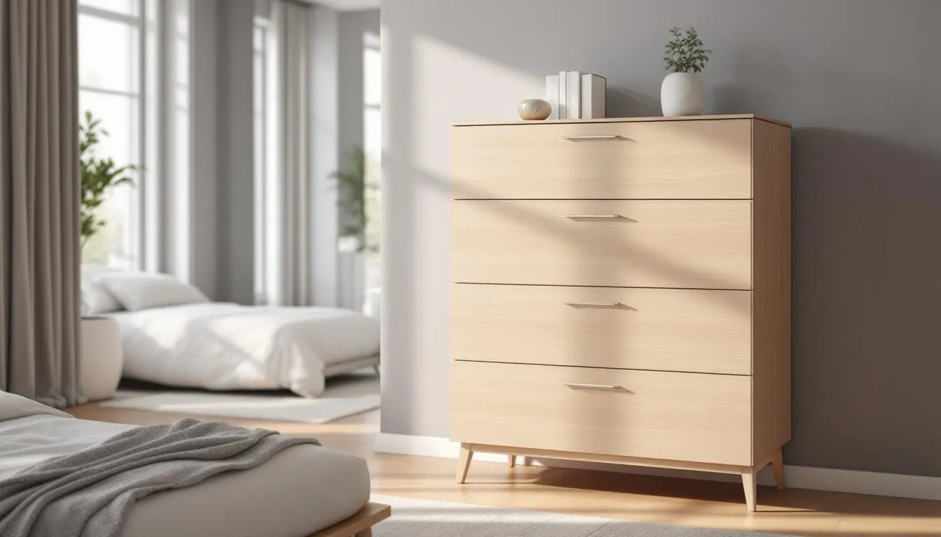 A modern six-drawer chest of drawers is positioned in a contemporary bedroom, providing stylish bedroom storage. The sleek design complements the room's aesthetic while offering ample storage space for clothing and accessories.