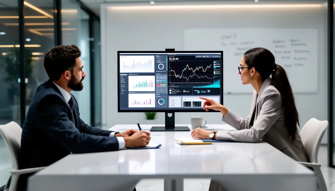 In a modern office, business professionals are engaged in analyzing data on multiple screens, utilizing various data virtualization solutions to connect and visualize data from different sources. The environment reflects a focus on real-time analytics and integration, showcasing the importance of tools like SAP HANA for effective data movement and transformation in today’s enterprises.