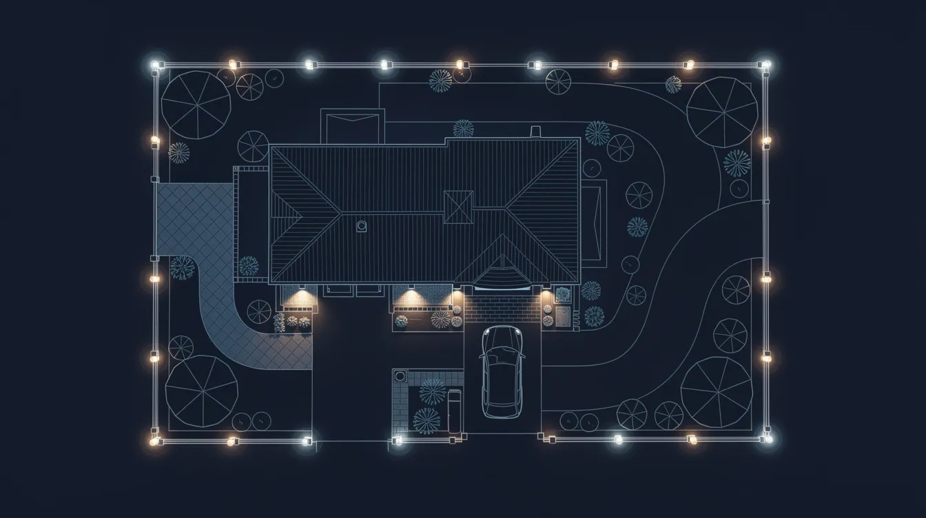 A property layout highlighting vulnerable areas for outdoor security lighting placement.