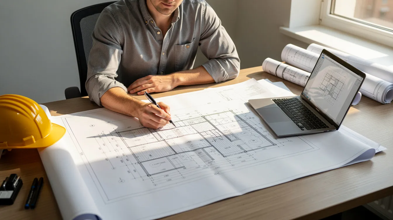 A person is seated at a desk, intently reviewing construction blueprints while using a laptop, likely assessing details for a construction project. This scene highlights the importance of builder's risk insurance coverage, as it helps protect against potential risks and property damage during the construction process.