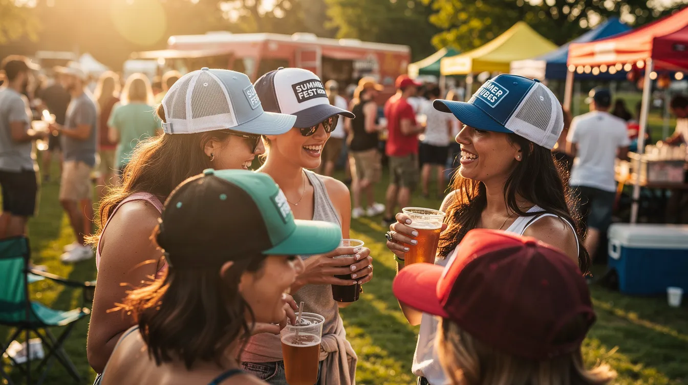 A group of people at an outdoor summer event are wearing various mesh-back trucker hats, showcasing different styles and bold logos. The caps, which include classic baseball caps and dad hats, add a laid-back charm to their casual wear.