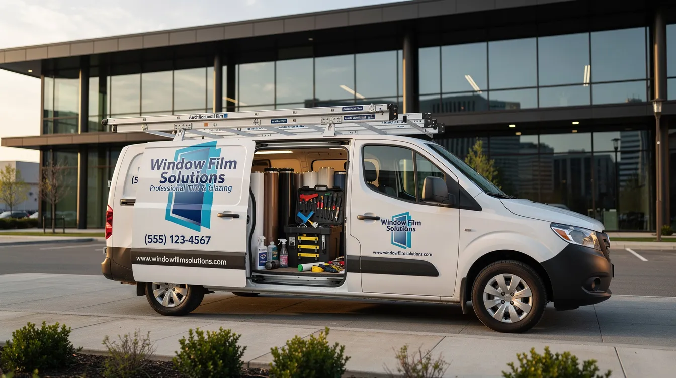 A branded work van, equipped with window film supplies, is parked outside a modern commercial building, showcasing a successful owner operator model in the home improvement industry. This image reflects the potential for franchise opportunities with proven business models and multiple revenue streams.