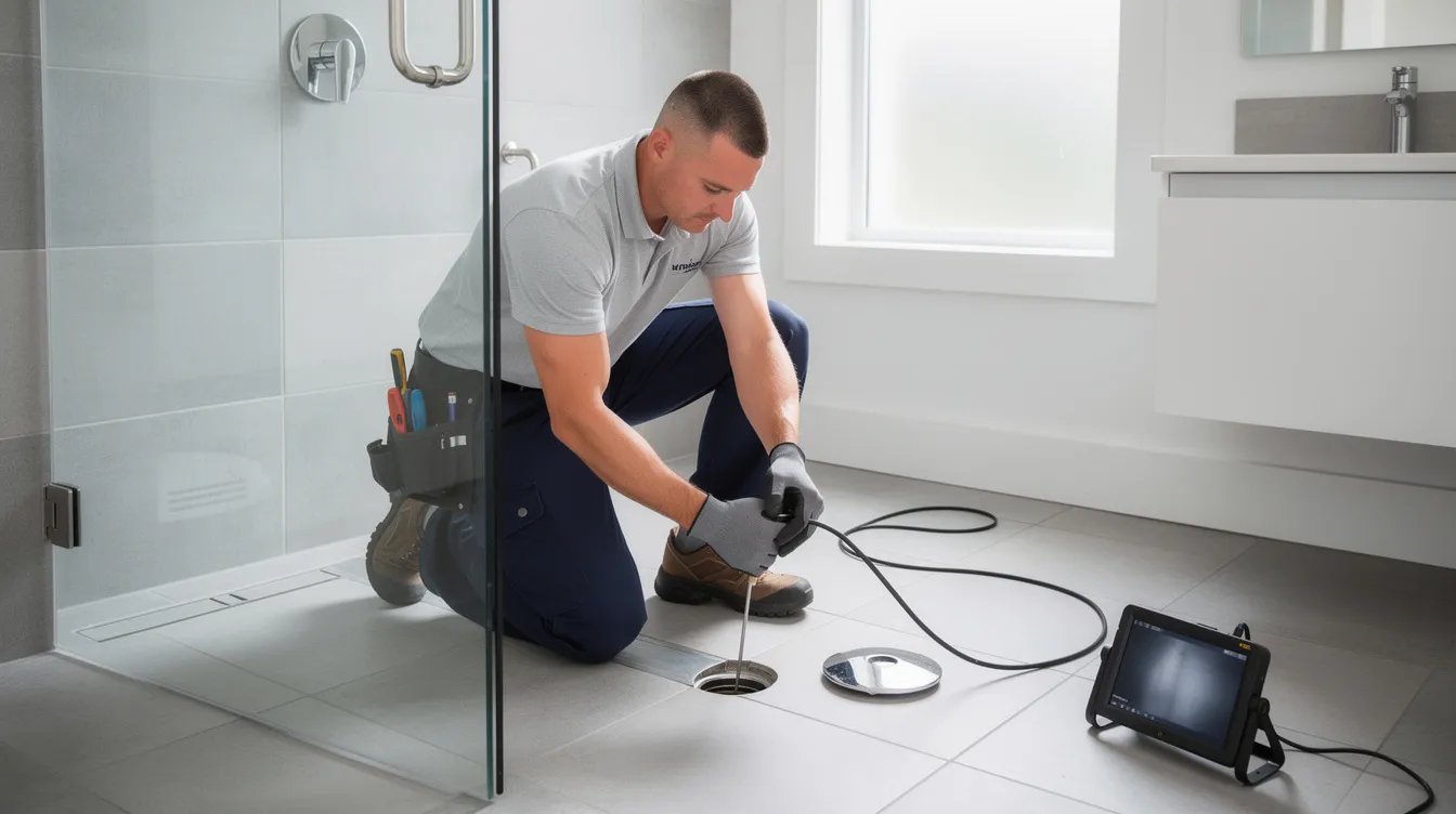 A plumber is inserting a small inspection camera cable into the shower drain opening of a modern bathroom, allowing for a detailed view to identify any potential issues within the drain. The scene highlights the use of advanced camera technology for plumbing inspections.
