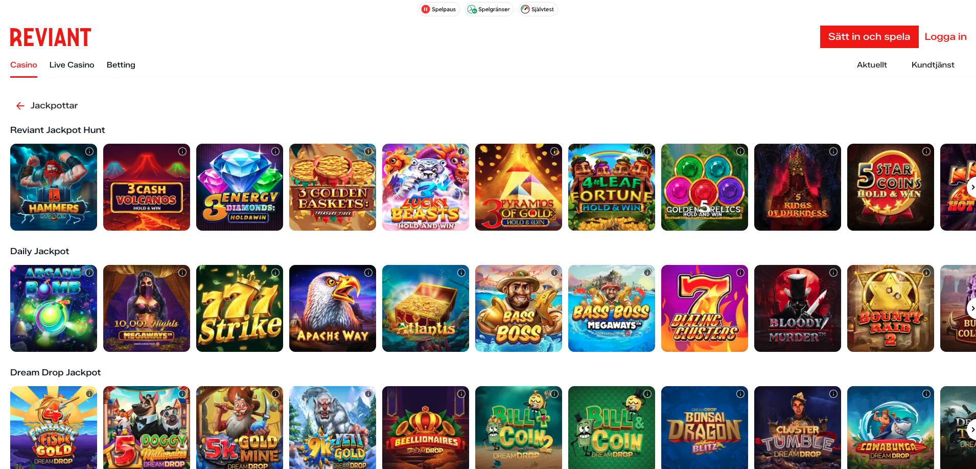 Reviant casino jackpottar – online casino med progressiva jackpots, svensk licens, snabba uttag och spel via Swish och Trustly