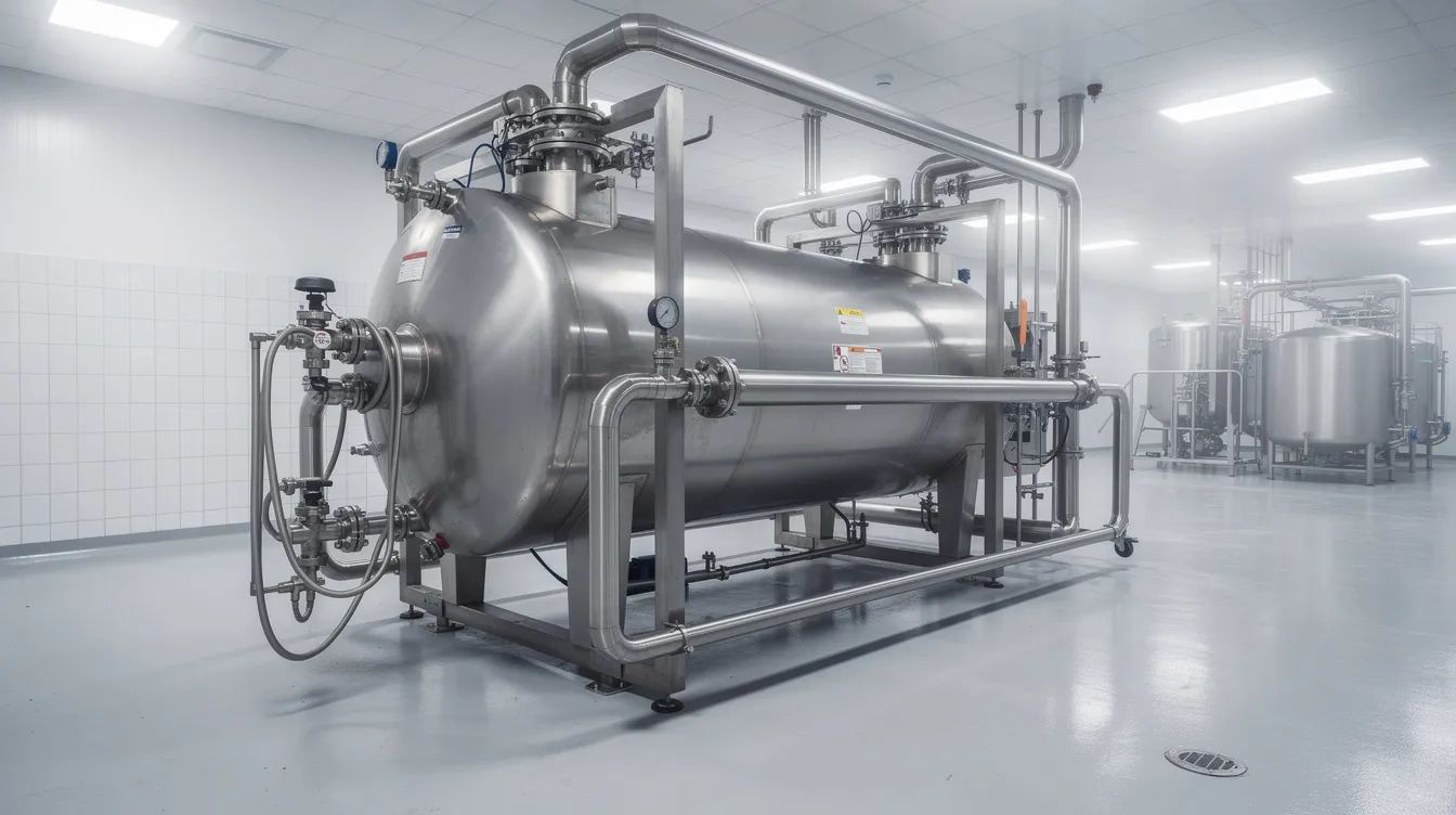The image depicts industrial stainless steel centrifugal separator equipment situated within a dairy processing plant, designed for the efficient separation of milk fat products. This machinery plays a crucial role in the production of anhydrous milk fat (AMF) and butter oil, ensuring consistent quality and facilitating further processing of incoming cream.