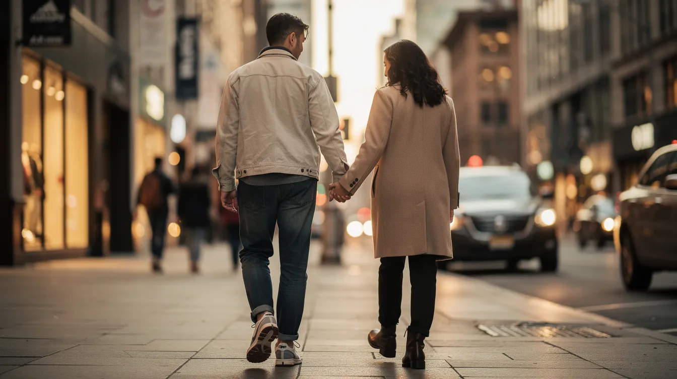 A couple is holding hands and walking through a bustling city street, embodying an authentic connection and emotional closeness as they navigate their urban surroundings together. Their shared presence reflects the importance of emotional availability in cultivating deeper relationships.