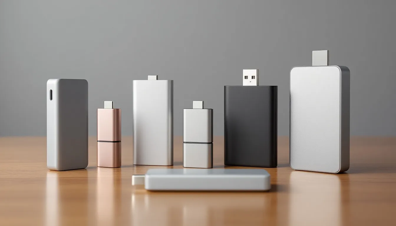 A selection of various USB-C drive models displayed on a table.