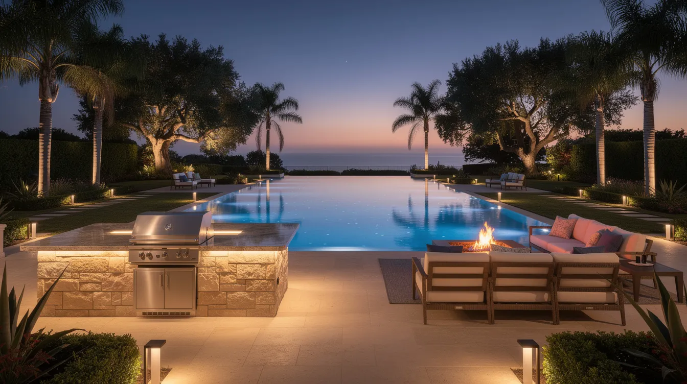The image showcases a luxurious backyard at twilight, featuring a stunning infinity pool that reflects the evening sky, an outdoor kitchen with elegant stone counters, and professionally lit landscaping that enhances the outdoor living space. This landscape design exemplifies high-quality landscape architecture, creating a serene and inviting atmosphere for relaxation and entertainment.