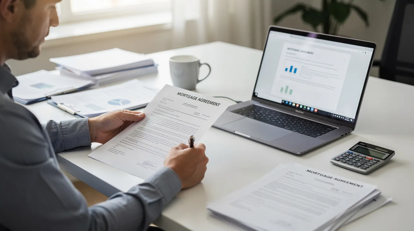 A person is seated at a desk, intently reviewing mortgage documents while a laptop is open in front of them, possibly analyzing home equity lines or preparing for an investment property HELOC. The scene suggests a focus on financial planning, including aspects like interest rates and closing costs.
