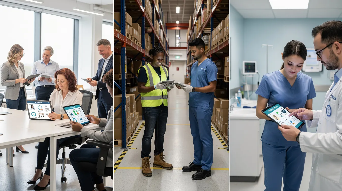 The image depicts a diverse group of employees in various work settings—an office, a warehouse, and a medical facility—each engaged with online training courses on their tablets. This scene highlights the importance of custom elearning development in enhancing employee skills and achieving measurable results across different organizations. The image depicts a diverse group of employees in various work settings—an office, a warehouse, and a medical facility—each engaged with online training courses on their tablets. This scene highlights the importance of custom elearning development in enhancing employee skills and achieving measurable results across different organizations.