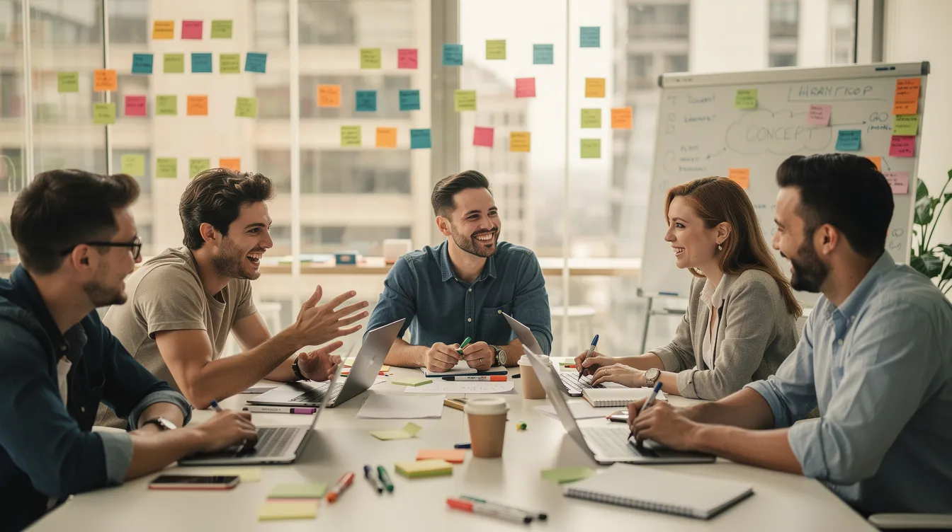In einem kreativen Meetingraum in Frankfurt am Main sitzt ein junges Team zusammen und diskutiert lebhaft über Konzeptideen. Die Atmosphäre ist sowohl locker als auch konzentriert, umgeben von Whiteboards und bunten Post-its, die ihre Ideen festhalten.